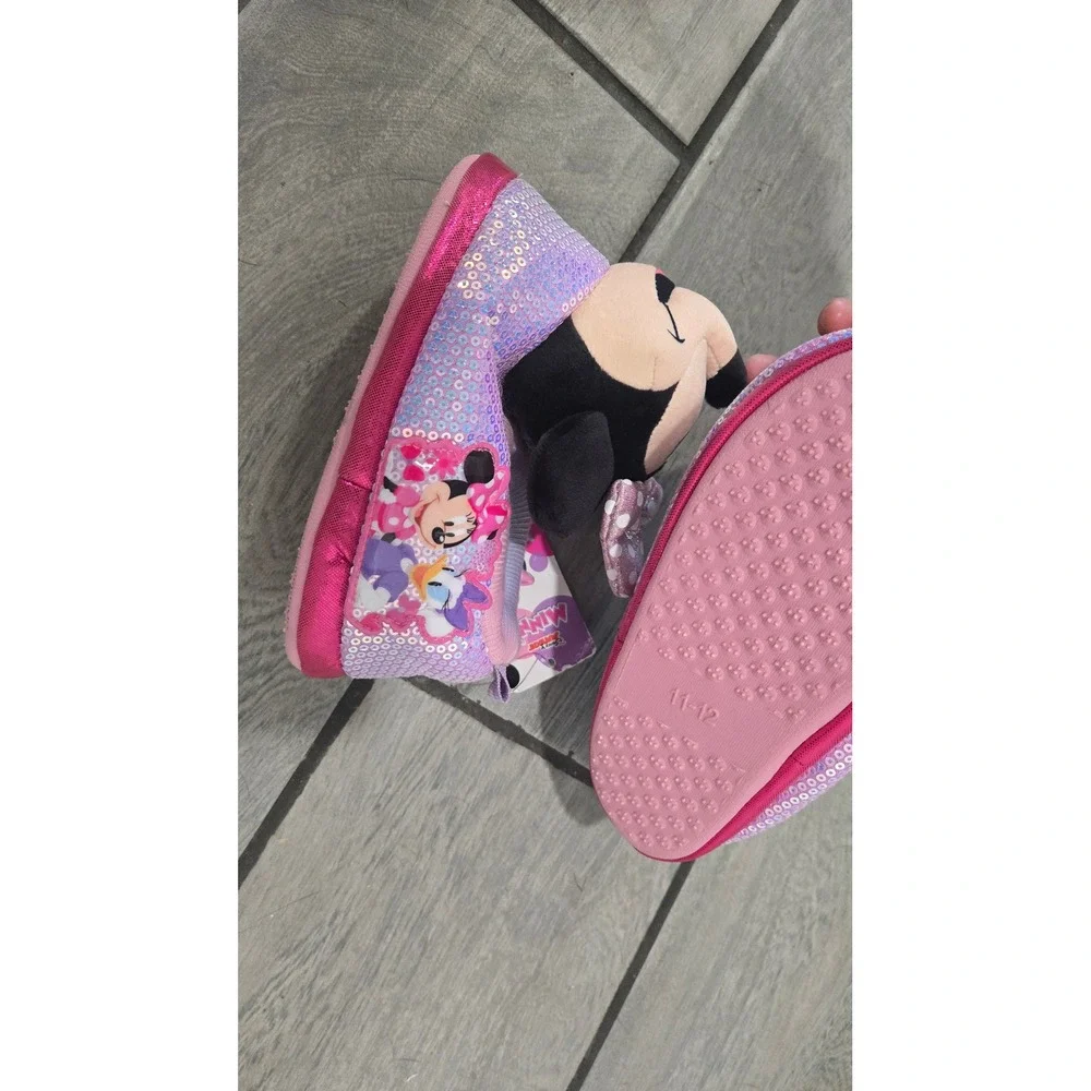 Kids Disney Minnie‎ Mouse Pink Sequin Slippers Size 11-12